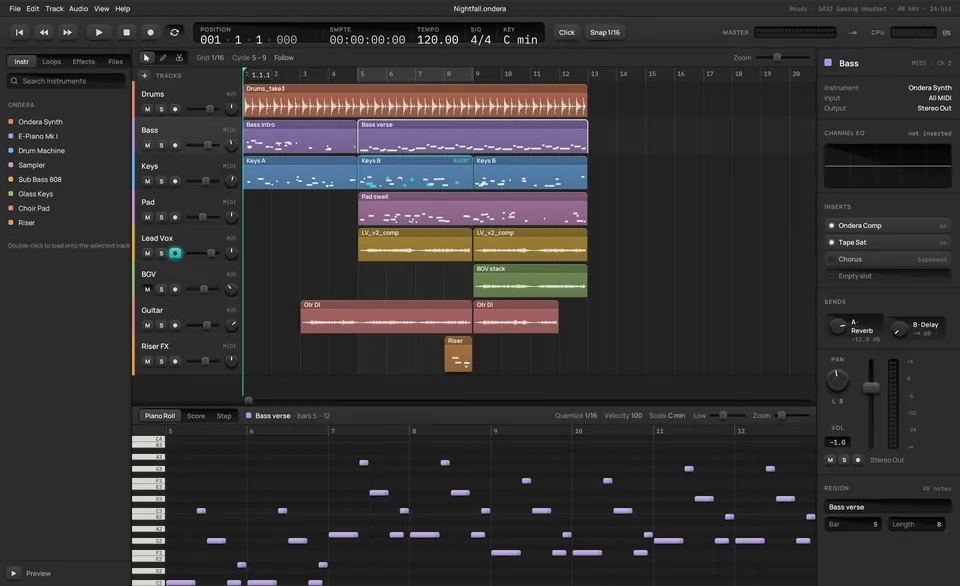 Ondera's main window: tracks with audio and MIDI regions, a piano roll and a channel strip