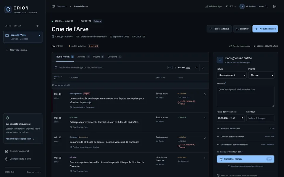 ORION journal view: timeline of entries with priorities and follow-ups, and a form to log a new entry